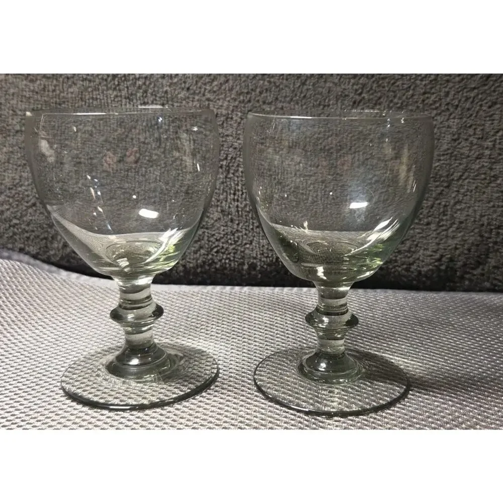 Set Of 2 clear pressed glass goblets with a bulbous stem 4